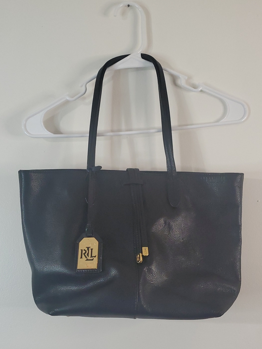 Ralph Lauren Black Cow Leather Tote Bag Gold Hardware Preppy Travel Luxury